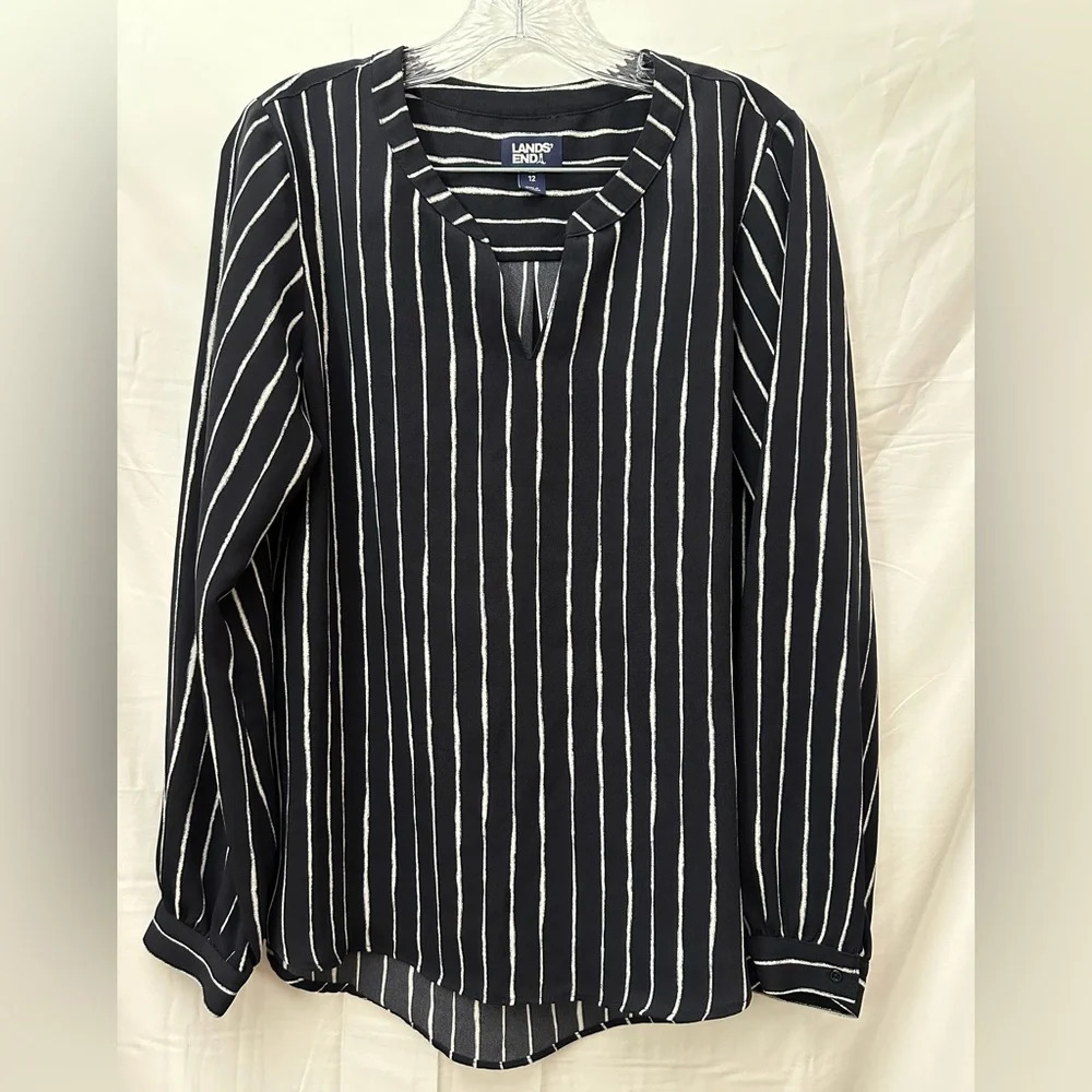 Lands End Women Shirred Long Sleeve Stripe Split Neck Blouse Navy Size 12